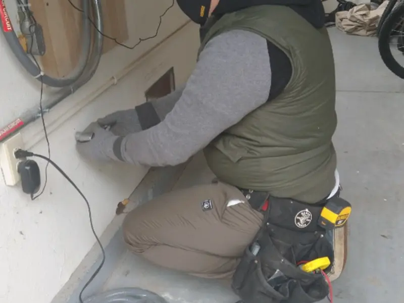 Electrician performing outlet wiring in a Brimfield garage